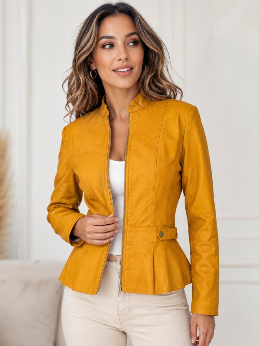 Baccini Faux Leather Peplum Jacket Small Mustard Yellow Moto Zip Vegan